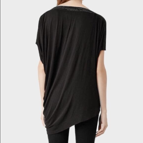 All Saints Oriel Slouchy Tee Size 8 Embellished Boat Neck Asymmetrical Black Top - Picture 5 of 12